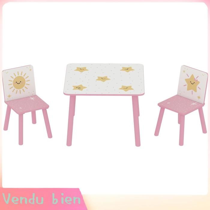 LIA Ensemble table + 2 chaises enfant rose bois motifs étoile 60x60x44cm