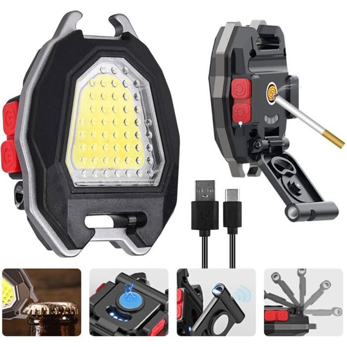 Multifonction Keychain Emergency LED Light: USB Mini lampe de poche porte-clés rechargeable étanche COB lampes de poche avec allum