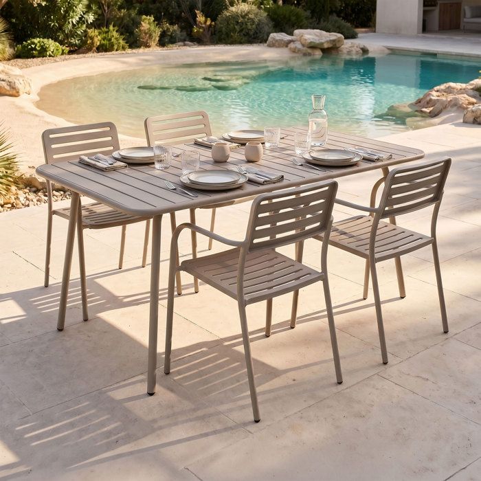 Table de jardin + 4 fauteuils empilables en métal taupe - BACA