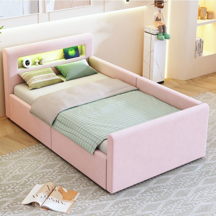 Lit coffre 90x200 cm avec tête de lit LED USB étagère dossier réversible en velours rose
