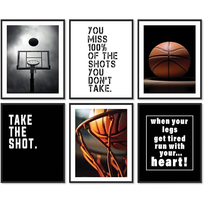 Ensemble de 6 Œuvres Murales Motivantes sur le Thème du Basket-ball Posters Sportifs avec Citations Inspirantes pour la TABLEAU