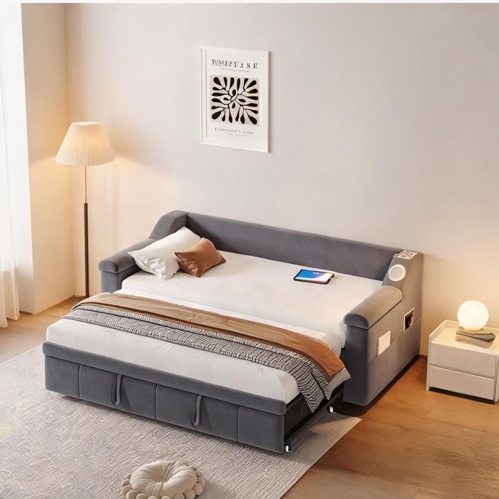 Sofa-lit convertible en velours gris système dextension hydraulique 180x190 cm accoudoirs larges avec Bluetooth et USB