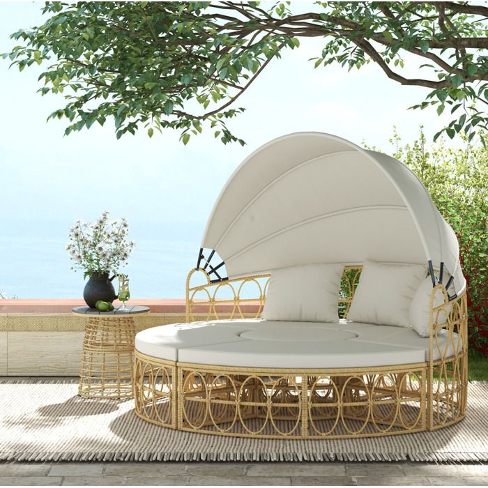 Salon bas de jardin 4 pièces île de soleil avec canapé 2 places toit rétractable résine tressée beige Grjofek