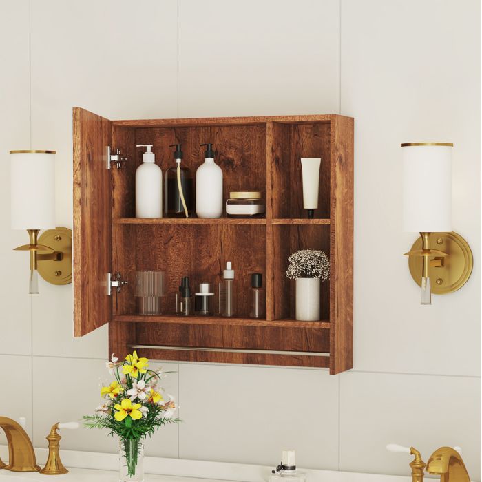 Meuble de salle de bain mural miroir rangement ouvert effet noyer MDF 56 x 13 x 55 cm pour petite salle de bain ORVRYN