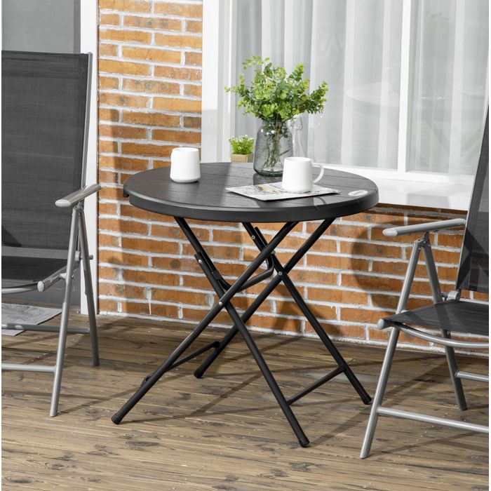 Table de jardin ronde pliante 80 cm pour 4 personnes aspect bois HDPE gris foncé pour balcon et terrasse