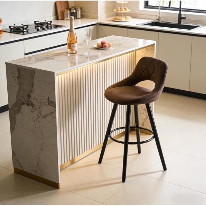 Tabouret de bar avec dossier marron foncé assise en tissu pieds en bois massif hauteur d’assise 70 cm
