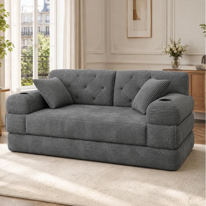 COVREO Canapé-lit compressé 3 places 208 x 80 x 81 cm velours côtelé gris foncé dossier haut 2 porte-gobelets