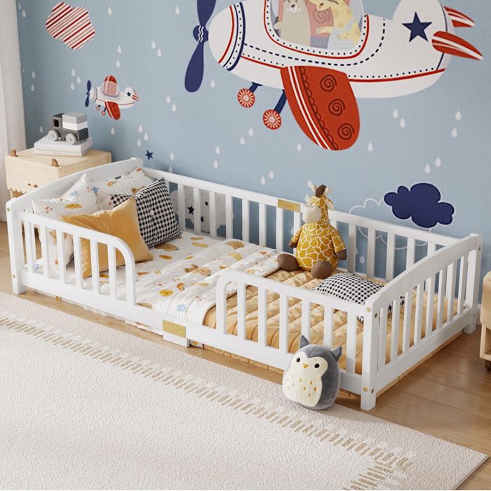 Lit Enfant 1 Place 90×200 cm avec Barrières et Ouverture Centrale - ELVMI - sans matelas Pin - Blanc