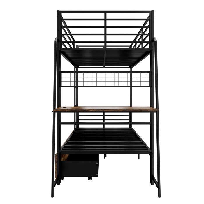 Lit Superposé 90x200cm - Lit double en métal avec Bureau Éclairage LED Tiroirs de Rangement et Barrière - Noir
