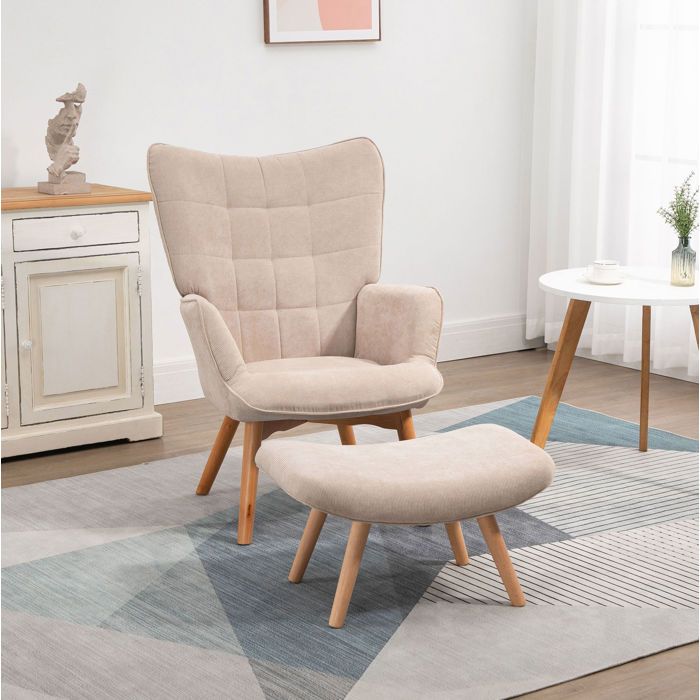 Fauteuil Oreille En Velours Côtelé Beige Fauteuil Relaxation FloraGrace Pour Salon Avec Repose-Pieds 72x80x101cm