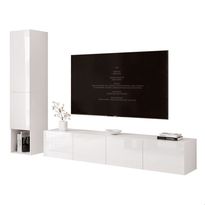 Ensemble Meuble TV ANGEL LINE I - Colonne murale - 6 portes - LED intégré - Blanc brillant