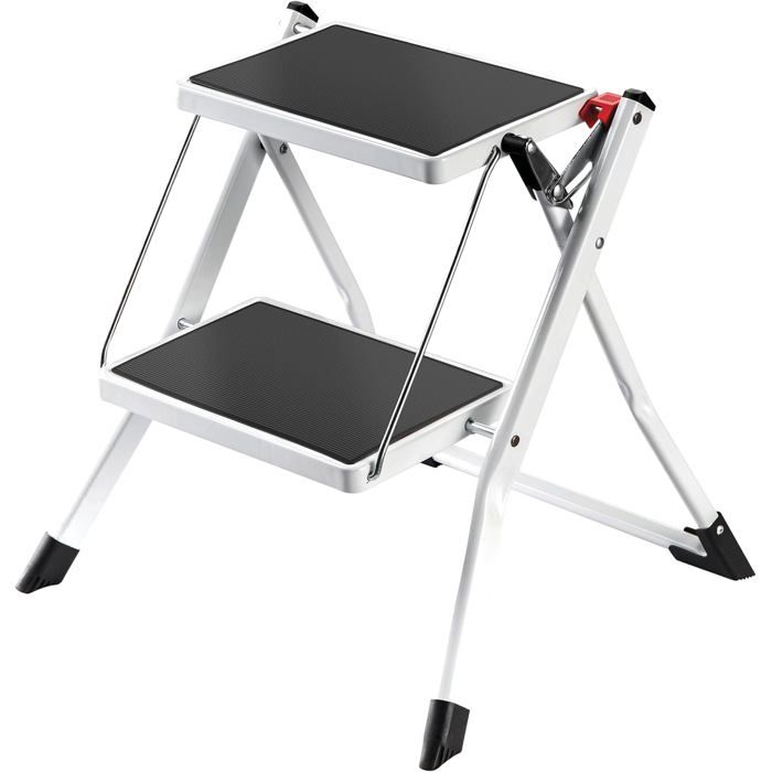 Escabeau pliant 2 marches acier 150 kg - Norme GS - Antidérapant et compact - Cuisine maison bureau - Blanc