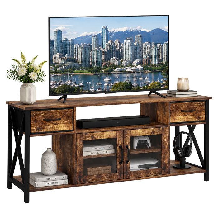 Relaxdays Meuble TV bas style industriel marron/noir H x l x P : 60 x 140 x 40 cm 2 tiroirs 4 compartiments