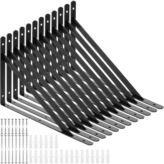 Lot de 12 équerres détagère en fer noir - 300 x 190 mm support mural 30 kg angle 90°