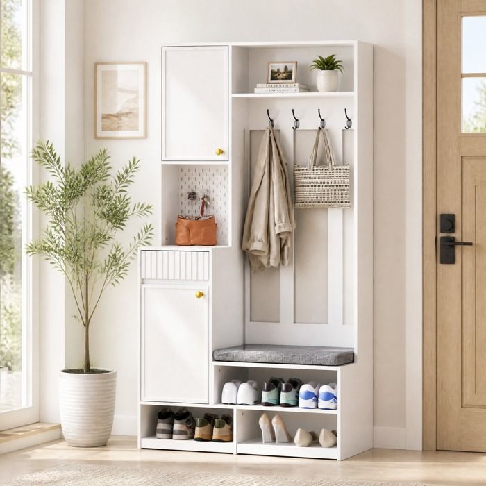 Meuble d’entrée vestiaire avec banc 4 crochets 2 tiroirs porte MDF blanc anti-basculement TYNQER
