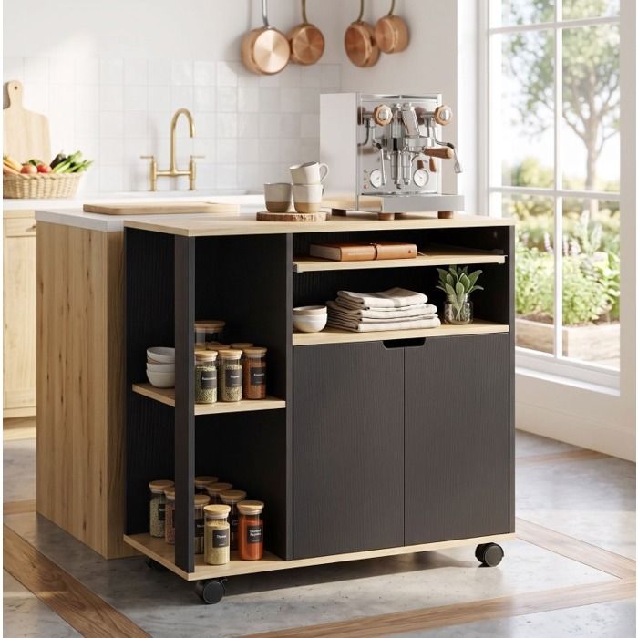Chariot de cuisine roulant EVRYAE 80 x 40 x 82 cm plan de travail rangement 4 roulettes avec frein noir