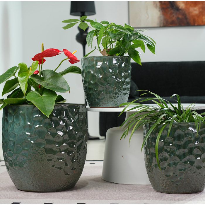 VUENOR Pot de fleur en céramique Ø30 cm vert foncé brillant – relief martelé percé résistant au gel