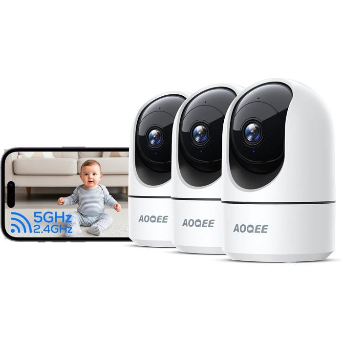 Lot De 3 Caméras Surveillance Intérieures Wifi 2K 3MP Double Bande 24/5GHz Détection Mouvement Pour Bébé Et Animaux