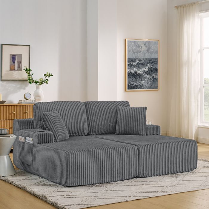 Canapé Lit Deux Places Relax en Velours Côtelé Modulable avec Porte-Gobelet Poche Latérale et Coussins Amovibles sans Armature Gris