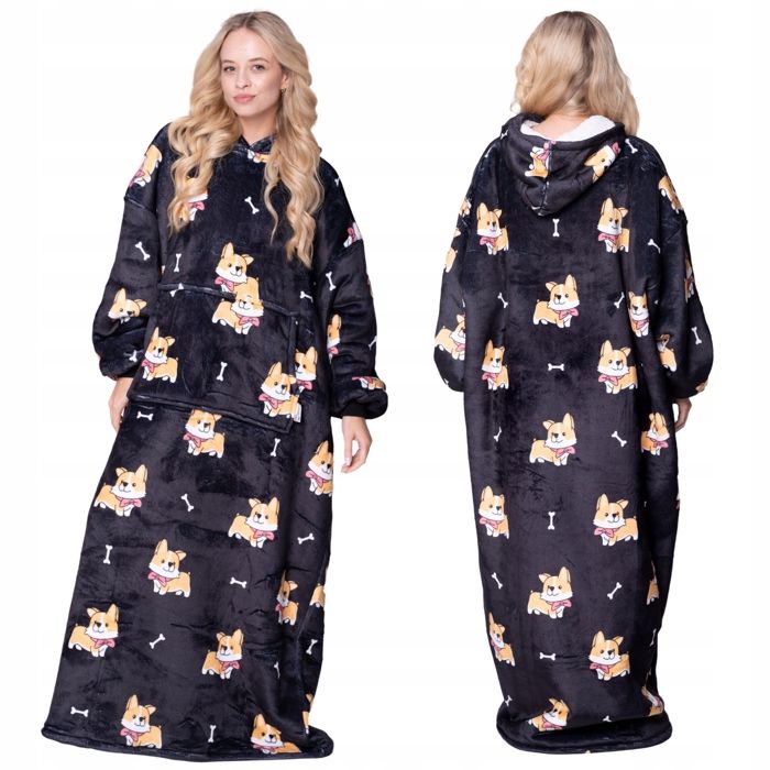 Couverture Plaid Sweat long oversize motif corgi sherpa polaire capuche poche XXL 140 cm Couverture Plaid Sweat long oversize motif corgi sherpa polaire capuche poche XXL 140 cm