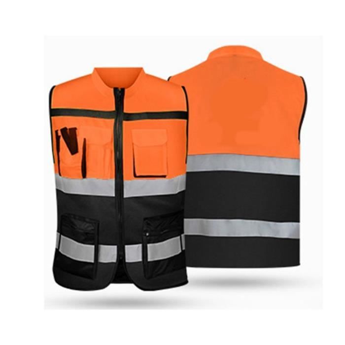 GILET DE SECURITE Taille Orange Gilet de sécurité avant à fermeture éclair haute visibilité multi-poches avec bandes réfléchissan