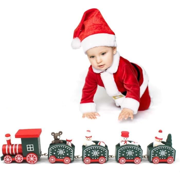 Train de Noël en Bois 5 Pièces Décoration de Train de Noël Petit Train