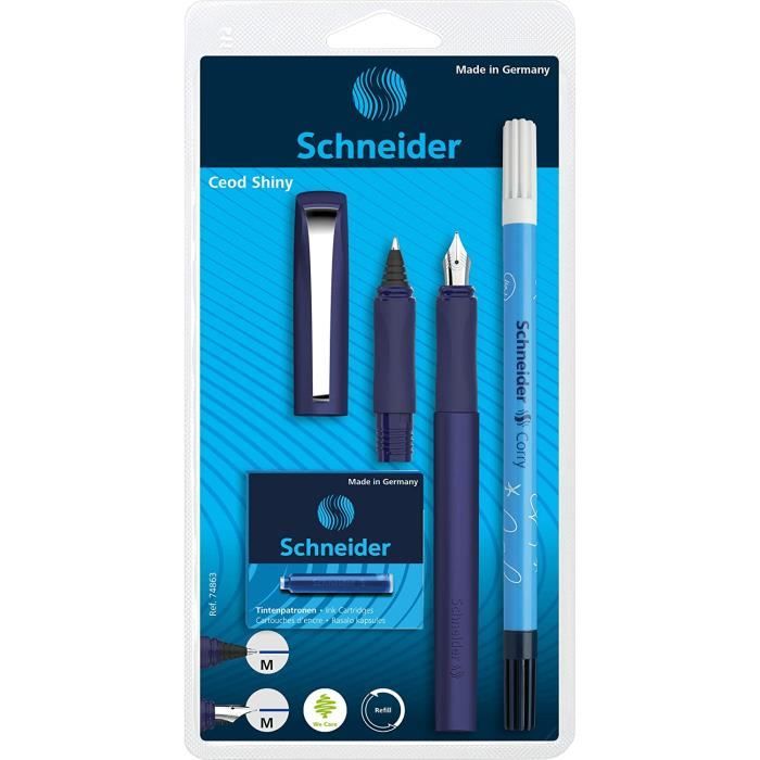Schneider 186223 Ceod Shiny Stylo roller (pour droitiers et gauchers,  largeur de trait M, cartouche d'encre bleu royal incluse) bleu