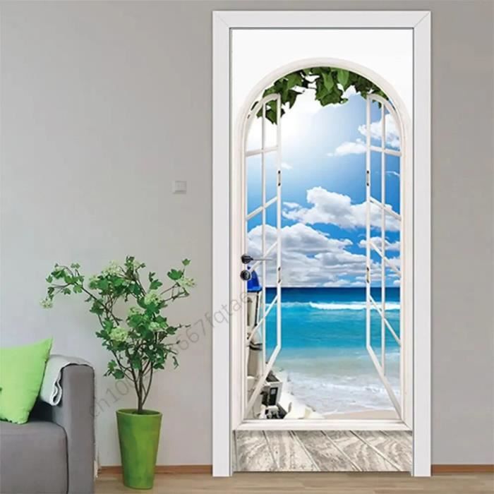 Sticker Porte Bord De Mer - Autocollant Décoratif Plage Méditerranée 80x210 Cm - Amovible, PVC - Pour Chambre, Salon - 13