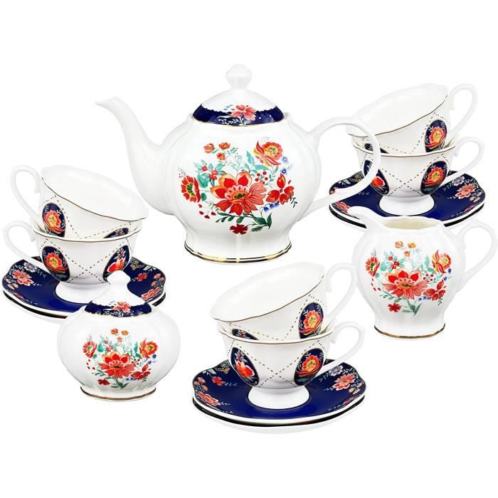 Gemerkt oud porselein mokka servies / theeservies compleet wit met bloemen-goud rand - Servies compleet / set