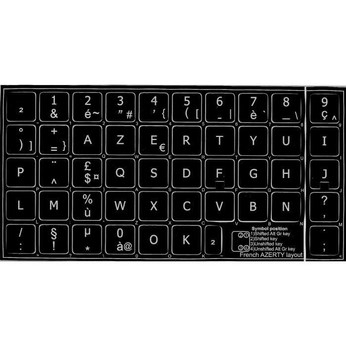 Lettres blanches Sticker autocollant Azerty clavier Fran ais Noir