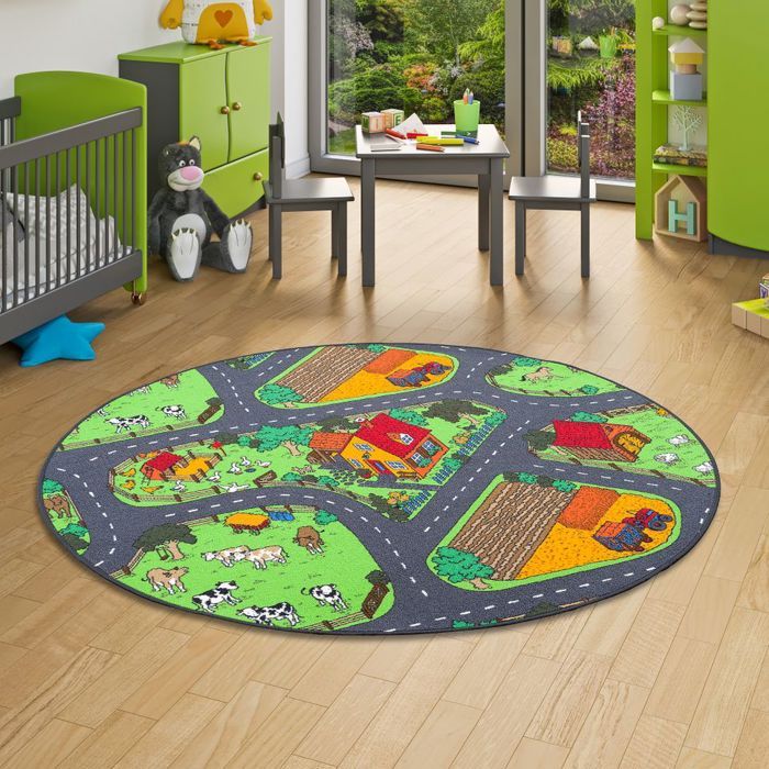 Tapis De Jeu Pour Enfant Rond Ferme Motifs Village Vert 100 Cm Rond Cdiscount Maison
