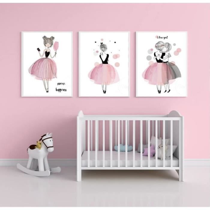 Lot de 3 Affiche Chambre Bebe Fille Rose Poster Enfant 40