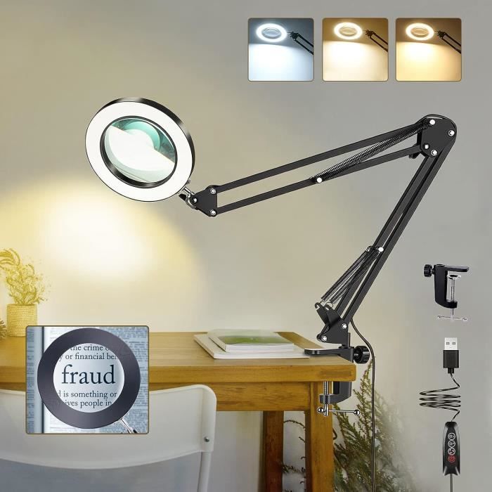 Lampe Loupe LED avec Pince, 10X Lampe Bureau Loupe, 3 Modes