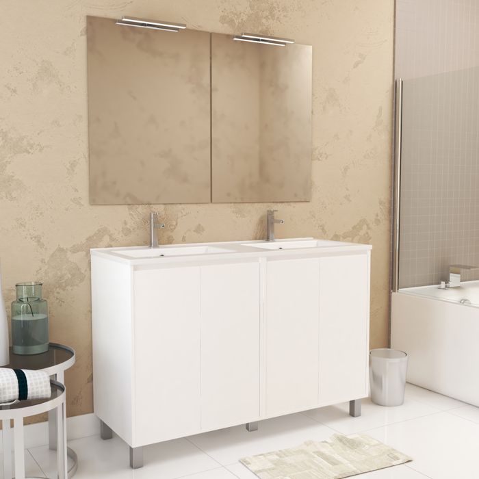 Meuble Salle de Bains 120 cm Laqué Blanc 4 Portes Vasque Miroirs 60x80 et Réglettes Led - XENOS