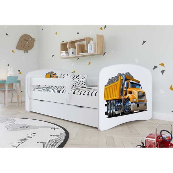 Lit Enfant Bjird 80x160 Cm Avec Barrières Et Tiroir - Blanc, Sommier Pin, 100kg Max