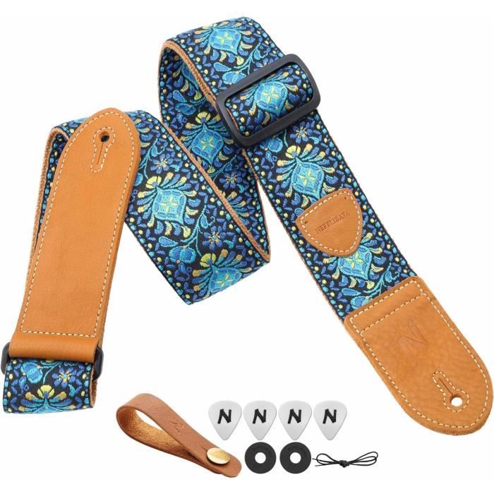 Sangle Guitare Vintage En Nylon Avec Extrémités En Cuir, Divers Motifs