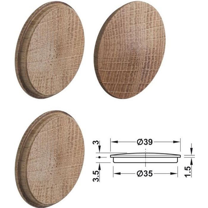 4x Cache trou bois 35 mm Chêne naturel vis plastique capuchon protection perçage