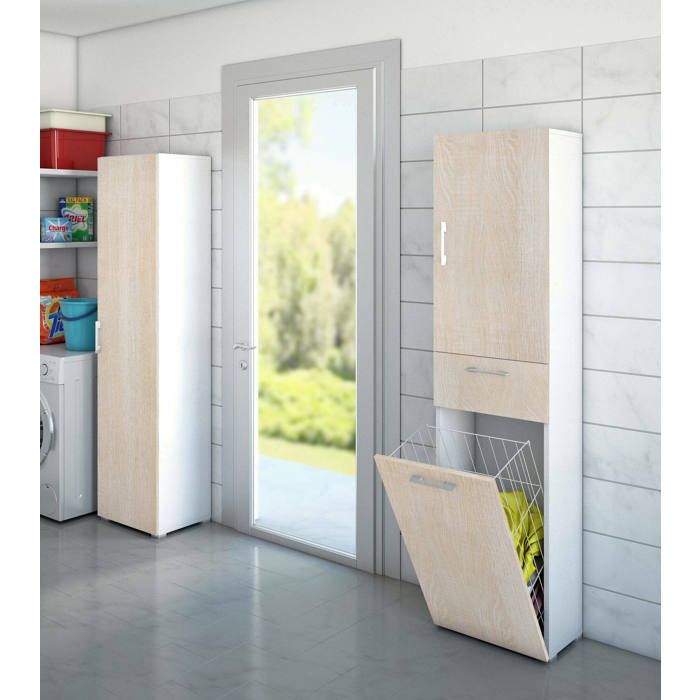 Armoire à linge DMORA avec 1 porte, 1 panier à linge et 1 tiroir