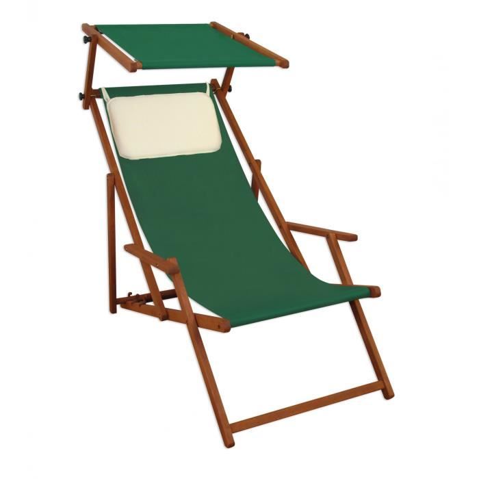 chaise longue de jardin verte pliante avec pare-soleil et oreiller, chilienne 10-304skh