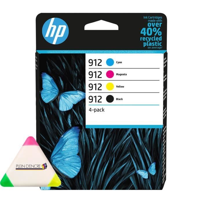 Multipack 4 cartouches d’encre HP 912 pour imprimante HP Officejet Pro 8024  8025 + surligneur 3 couleurs