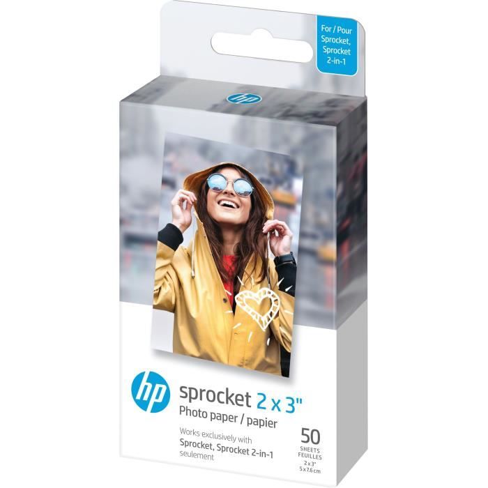 Papier Photo HP Sprocket 2x3 ZINC 5x7,6cm - Pack de 50 feuilles - Finition glacée