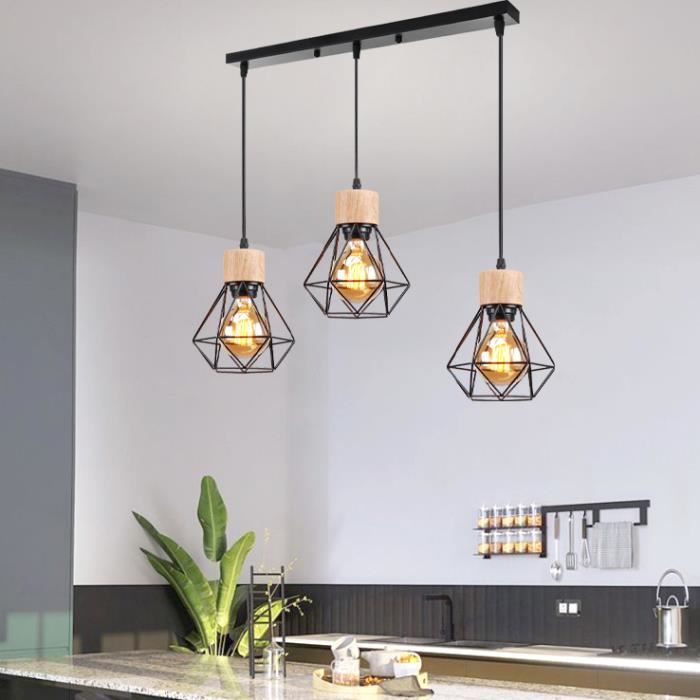 Lustre Suspension Vintage Barre 3 Douille E27 Luminaire pour Salons