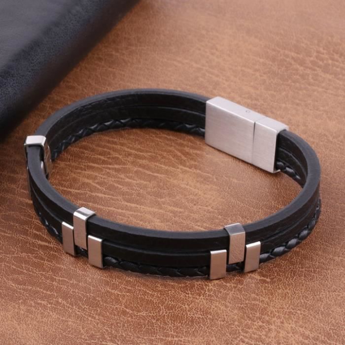 Bracelet Clou Doré et Cuir Tressé Noir – Look Audacieux & Élégant