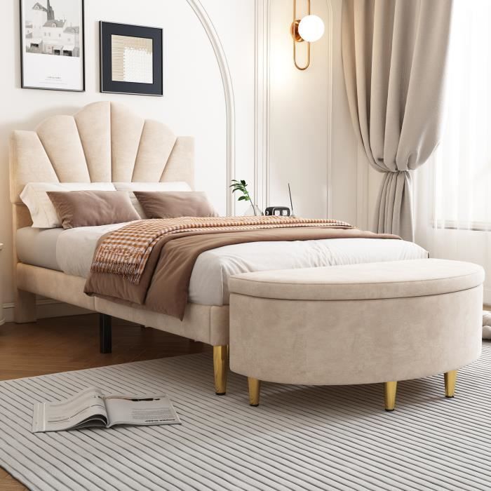 Seyakany Lit Enfant 90x200 Velours Beige Avec Coffre De Rangement Hydraulique Et Sommier