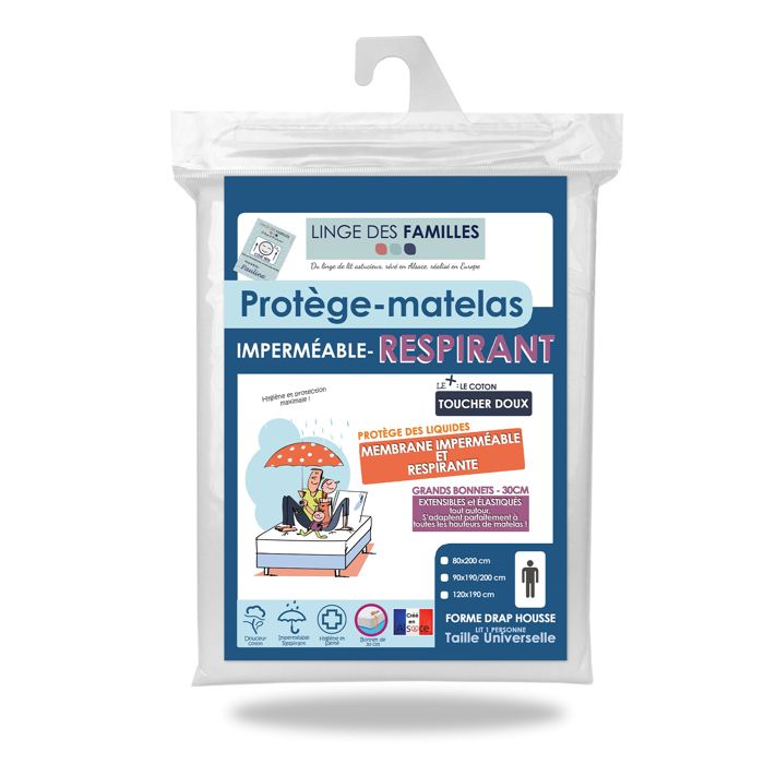 LINGE DES FAMILLES Prot&egrave;ge Matelas 120x190 cm - Imperm&eacute;able et Respirant - Souple et Silencieux - Grands Bonnets 30 cm -  