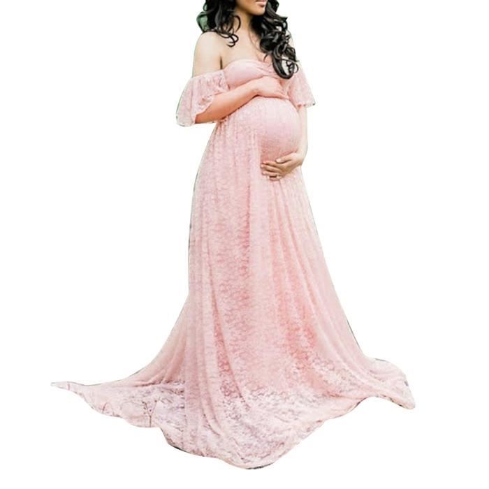 Robe De Maternite Femmes Hors De L Epaule Fit Grossesse Dentelle Mariage Longue Robe Bebe Douche Robe Une Ligne Robes Rose Rose Cdiscount Pret A Porter