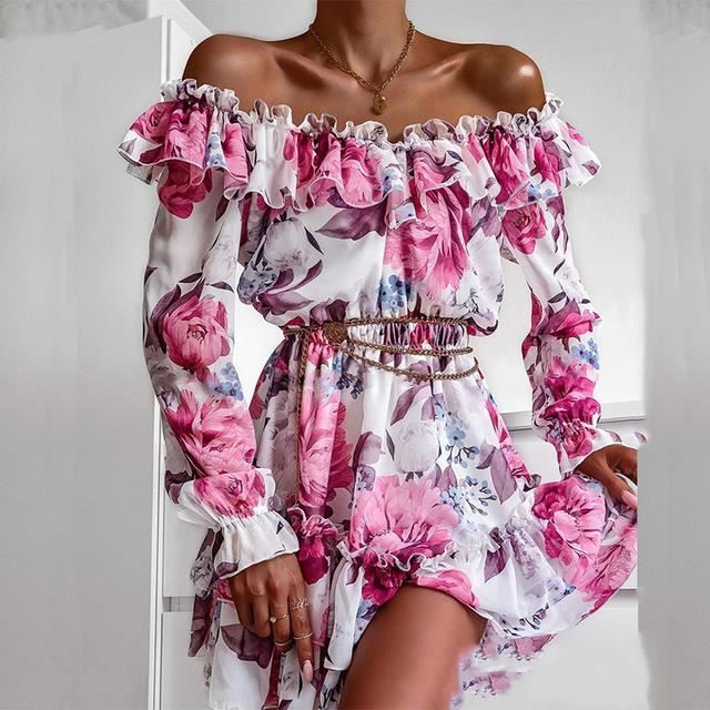 Robe Courte Alice + Olivia Bleue à Imprimé Floral Et Volants – épaules Dénudées, Taille 0 Neuve Sans étiquette