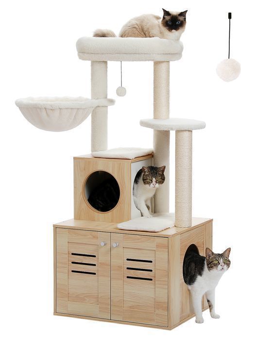 Comparer les prix de PAWZ Road Arbre à Chat en Bois Solide Stable,Grand Plateforme Niche,Coussin Amovible,Grand Hamac Suspendu,127cm,Beige