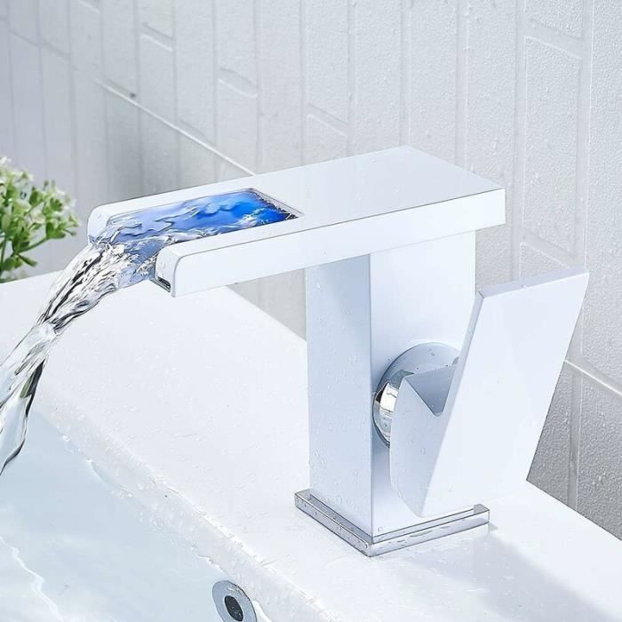 Robinet de salle de bain - PZCC - LED à cascade - Blanc - Monotrou - Economie deau