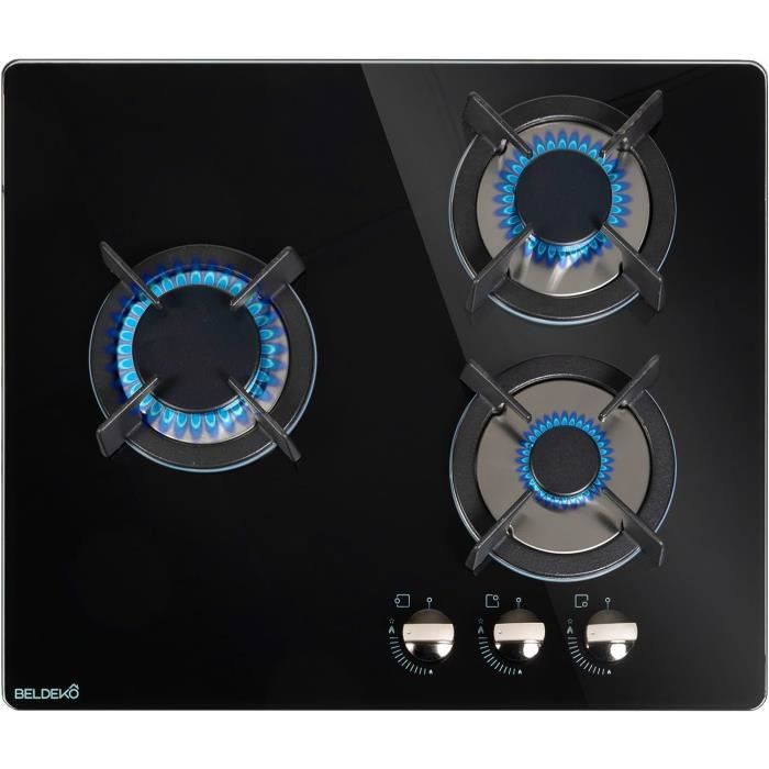 Plaque de cuisson Gaz verre noir 3 foyers BELDEKO Gaz ville et